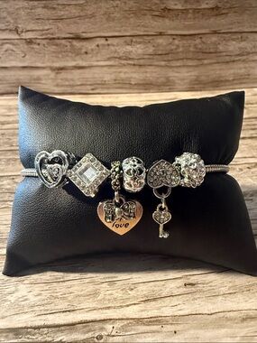 Silver Charm Bracelet with Heart & Key Charms - Love Design S-Steel